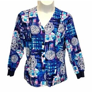 White Cross Scrub Jacket Womens Medium Blue Pink White Pattern V-Neck Button